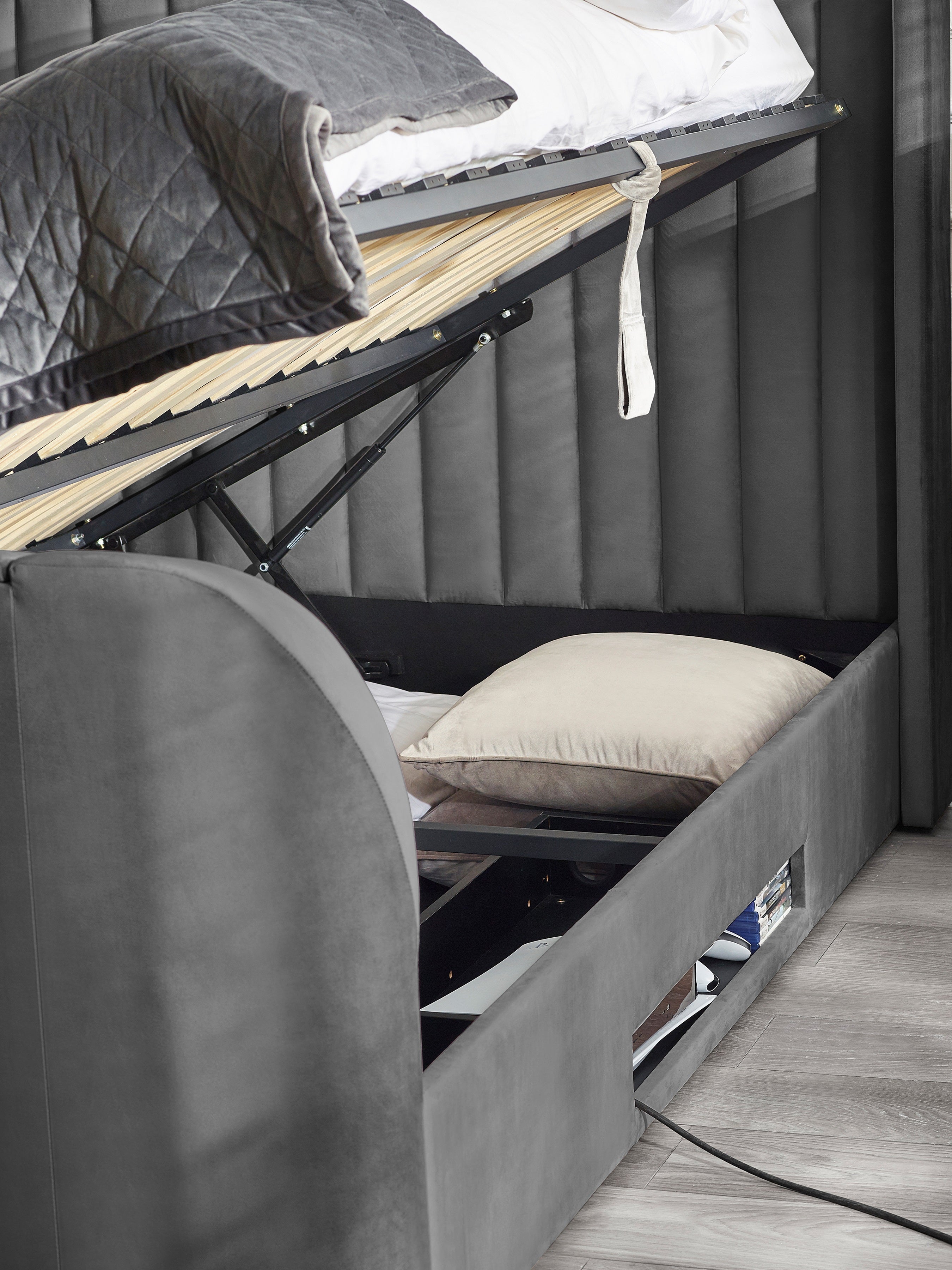 Alston Dark Grey Velvet Ottoman TV Bed King